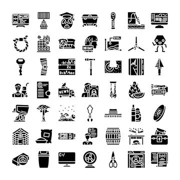 Collection of diverse black glyph solid icons Stock Illustration