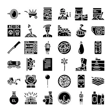 Collection of diverse black glyph solid icons Stock Illustration