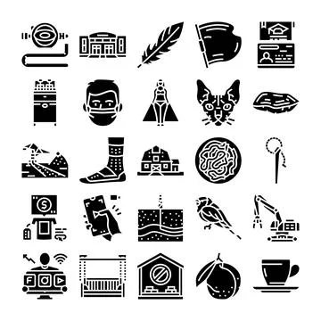 Collection of diverse black glyph solid icons Stock Illustration