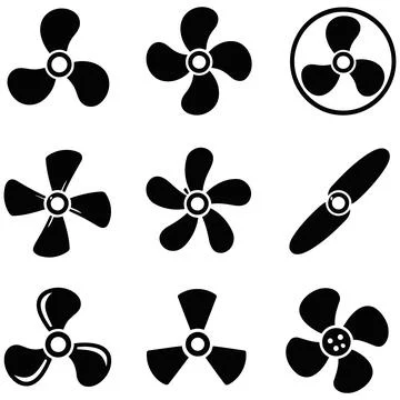 A collection of diverse black propeller and fan blade icons in a studio env.. Illustrazione stock
