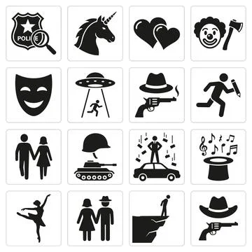 Collection of diverse black vector icons representing police badge, unicorn.. Stock Illustration