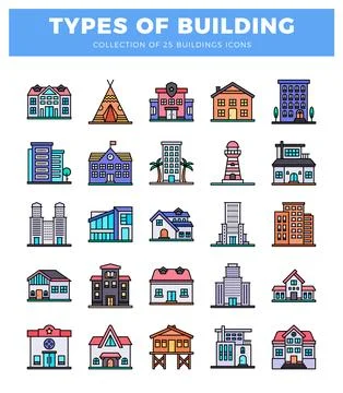 Collection of diverse building icons in a flat design style. set against a .. Ilustración de archivo