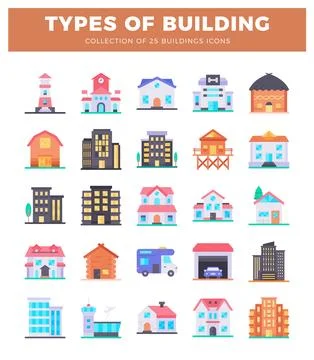 Collection of diverse building icons in a flat. colorful design. isolated o.. Stock Illustration
