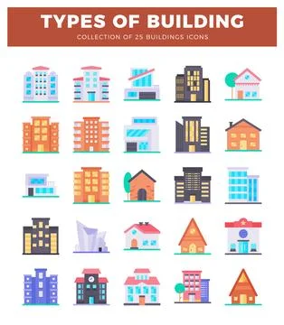 Collection of diverse building icons in flat design. set against a white ba.. Ilustración de archivo