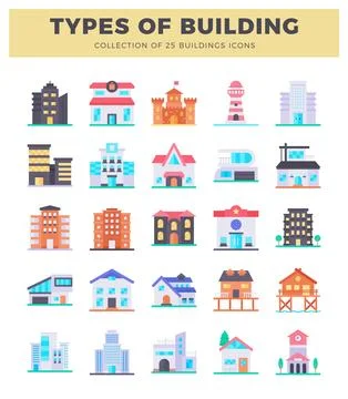 Collection of diverse building icons in a flat vector style on a white back.. Illustrazione stock