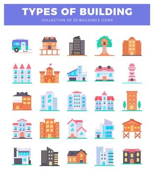Collection of diverse building icons in flat design. Various architectural .. Ilustración de archivo