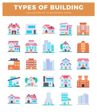 Collection of diverse building icons in flat design style on white background Ilustración de archivo