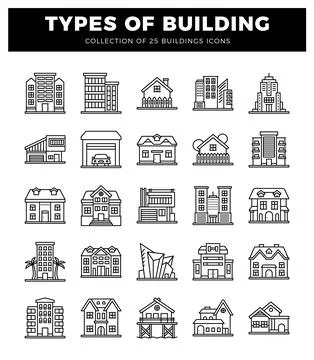 Collection of diverse building icons in a grid layout on a white background. Ilustración de archivo