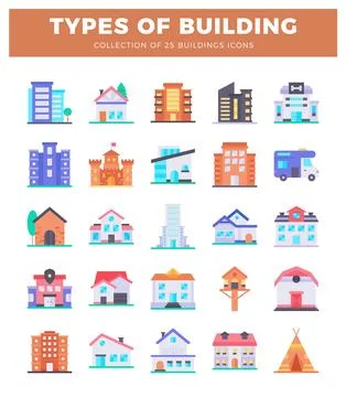 Collection of diverse building icons on white background. Flat design. vari.. Ilustración de archivo