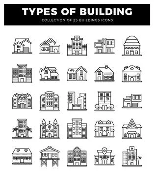 Collection of diverse building icons on a white background. Ilustración de archivo
