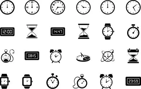 Collection of diverse clock and time icons set Stock Illustration