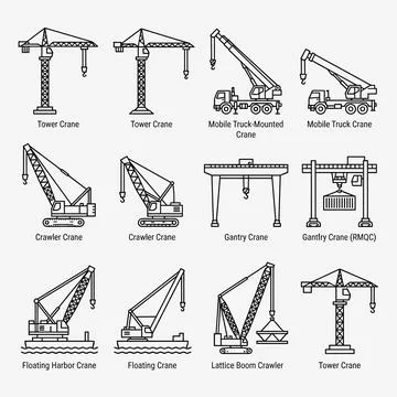 Collection of diverse crane types including tower, mobile truck, crawler, g.. Stock Illustration