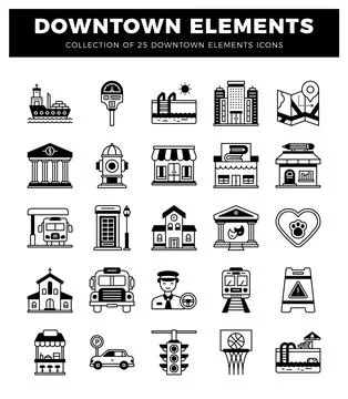Collection of diverse downtown elements icons in a clean grid. 스톡 일러스트