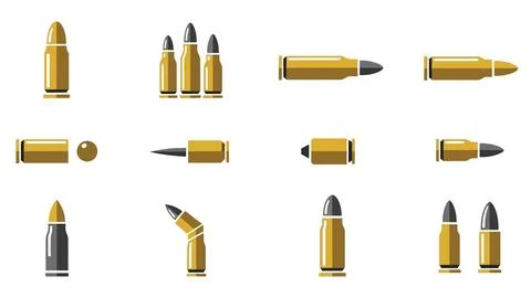 Collection of diverse firearm ammunition and bullet icons for weapon design. Stock Illustration