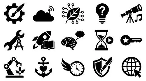 Collection of diverse flat black minimalist concept icons for digital design Stock Illustration