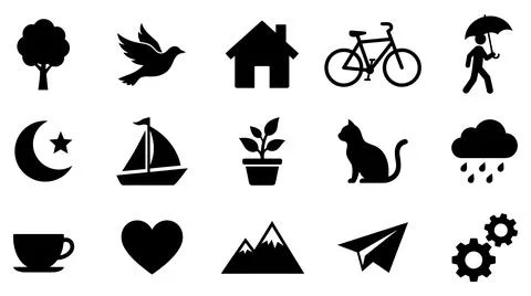 Collection of diverse flat black silhouette icons for digital design projects Stock Illustration
