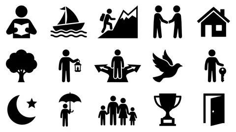 Collection of diverse flat black vector icons representing various human Illustration