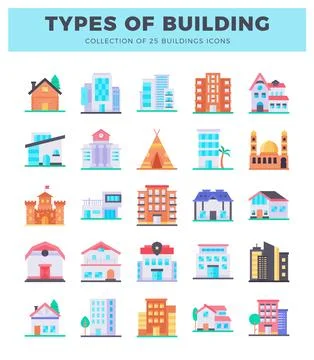 Collection of diverse flat building icons on a white background. Ilustración de archivo