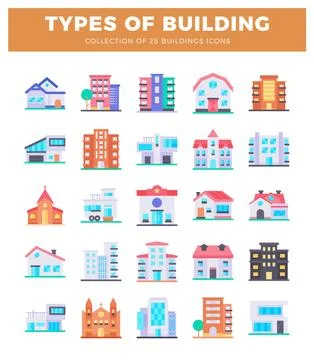 Collection of diverse flat design building icons on white background. Ilustración de archivo