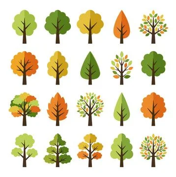 Collection of Diverse Flat Design Trees in Various Seasons and Styles. 스톡 일러스트