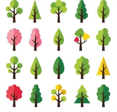 Collection of Diverse Flat Design Trees for Nature and Seasons. Stock-Illustration