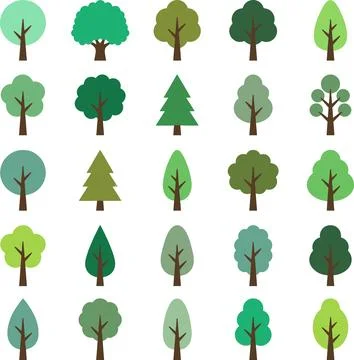 Collection of Diverse Flat Design Trees in Various Shapes and Colors. Stock Illustration