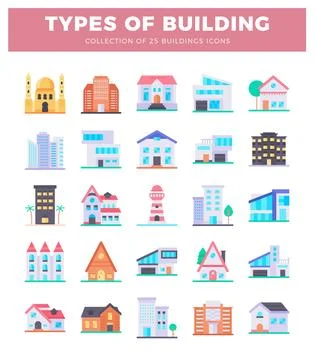 Collection of diverse flat icons representing various building types with c.. Ilustración de archivo
