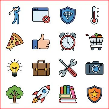 Collection of Diverse Flat Icons Representing Various Concepts and Activities Stock Illustration