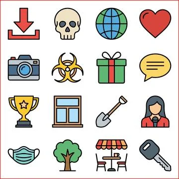 Collection of Diverse Flat Icons Representing Various Concepts and Objects. Stockillustratie