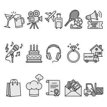 Collection of diverse flat icons representing entertainment, sports, travel.. Stock Illustration