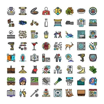 Collection of diverse flat icons for technology business and medical concepts Stock Illustration