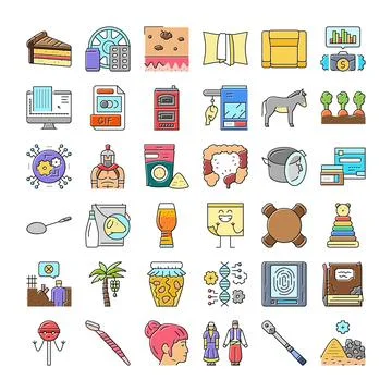 Collection of diverse flat style icons presenting various concepts Stock Illustration