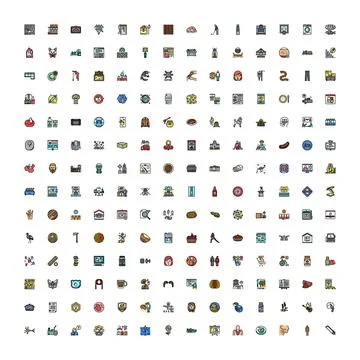 Collection of diverse flat vector icons illustrating many concepts Stockillustratie