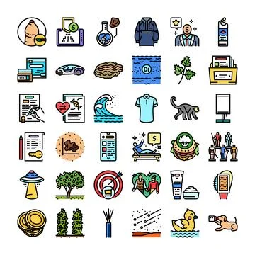 Collection of diverse flat vector icons illustrating various concepts Stock Illustration