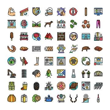 Collection of diverse flat vector icons representing objects Stock Illustration