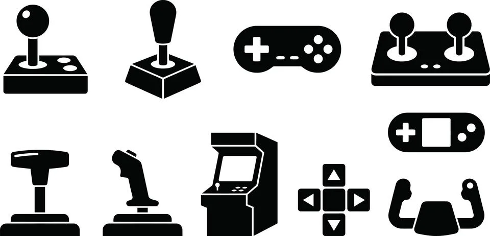 Collection of diverse gaming controller icons in solid black, representing .. イラスト素材