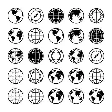 Collection of diverse globe and compass icons, representing Earth, geograph.. Stock Illustration