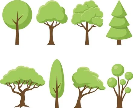 Collection of Diverse Green Trees in Flat Design Style. Stock Illustration