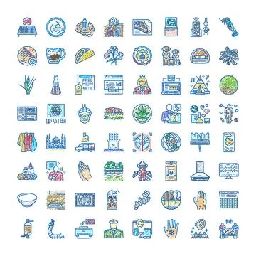 Collection of diverse hand drawn doodle icons in blue and yellow Illustrazione stock
