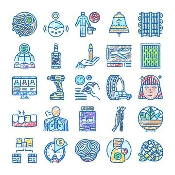 Collection of diverse hand drawn doodle line icons Stock Illustration