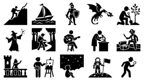 Collection of diverse human activity and fantasy character silhouette icons Stock Illustration