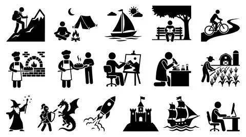 Collection of diverse human activity silhouettes with various human activities Illustration
