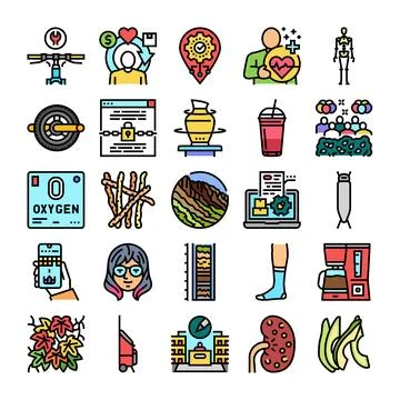 Collection of diverse icons representing general concepts and objects Stock Illustration