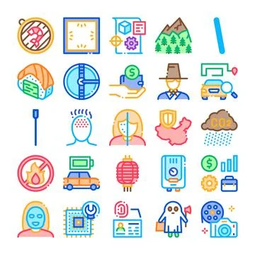 Collection of diverse icons representing global concepts Stock Illustration