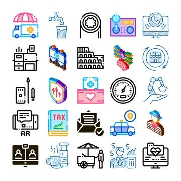 Collection of diverse icons representing modern concepts and technologies Stock Illustration