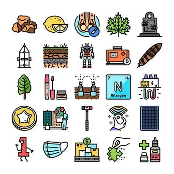 Collection of diverse icons representing science, environment, and technology Stock Illustration