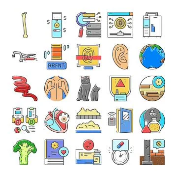 Collection of diverse icons representing science technology and medicine Ilustración de archivo