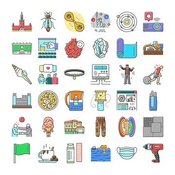 Collection of diverse icons representing science, travel and human activities Illustrazione stock