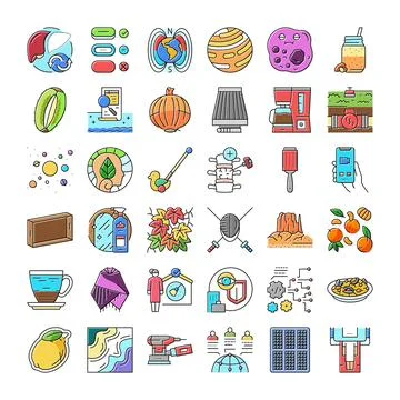 Collection of diverse icons representing science, nature, technology, and h.. Stock Illustration