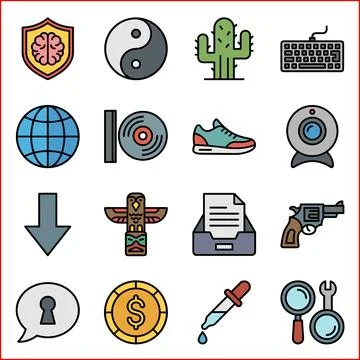 Collection of Diverse Icons Representing Technology, Nature, and Symbols. Иллюстрация